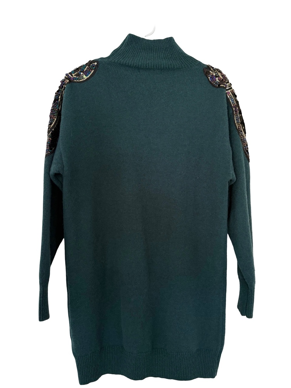 Dark Green Turtleneck Sweater with Sequin Shoulder Detail - Picture 2 of 2
